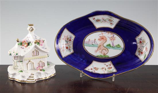 A Chamberlains Worcester dish, c.1800 and a cottage pastille burner,